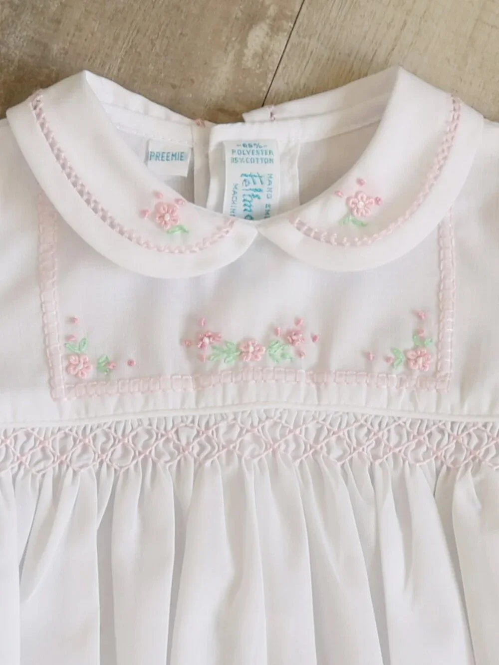 White Smocked Heirloom Bubble Romper Preemie Reborn Doll Feltman Brothers